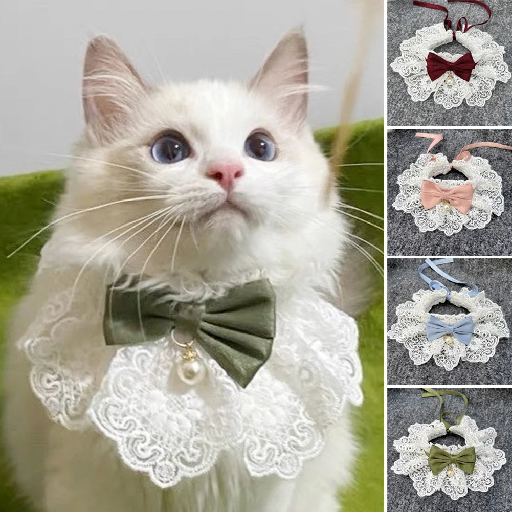 Lace Bowknot Pearl Collar Cat Dog Neckerchief Pet Cats Kitten Dog Puppy String Bib Necklace Necktie Neck Strap Scarf Accessories