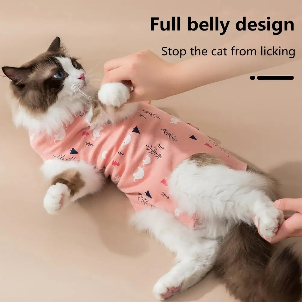 Elastic Cat Collar Breathable Cartoon Print Cat Recovery Suit with Elastic Neck Bandage for Female Cat Spay Surgery for Post-op