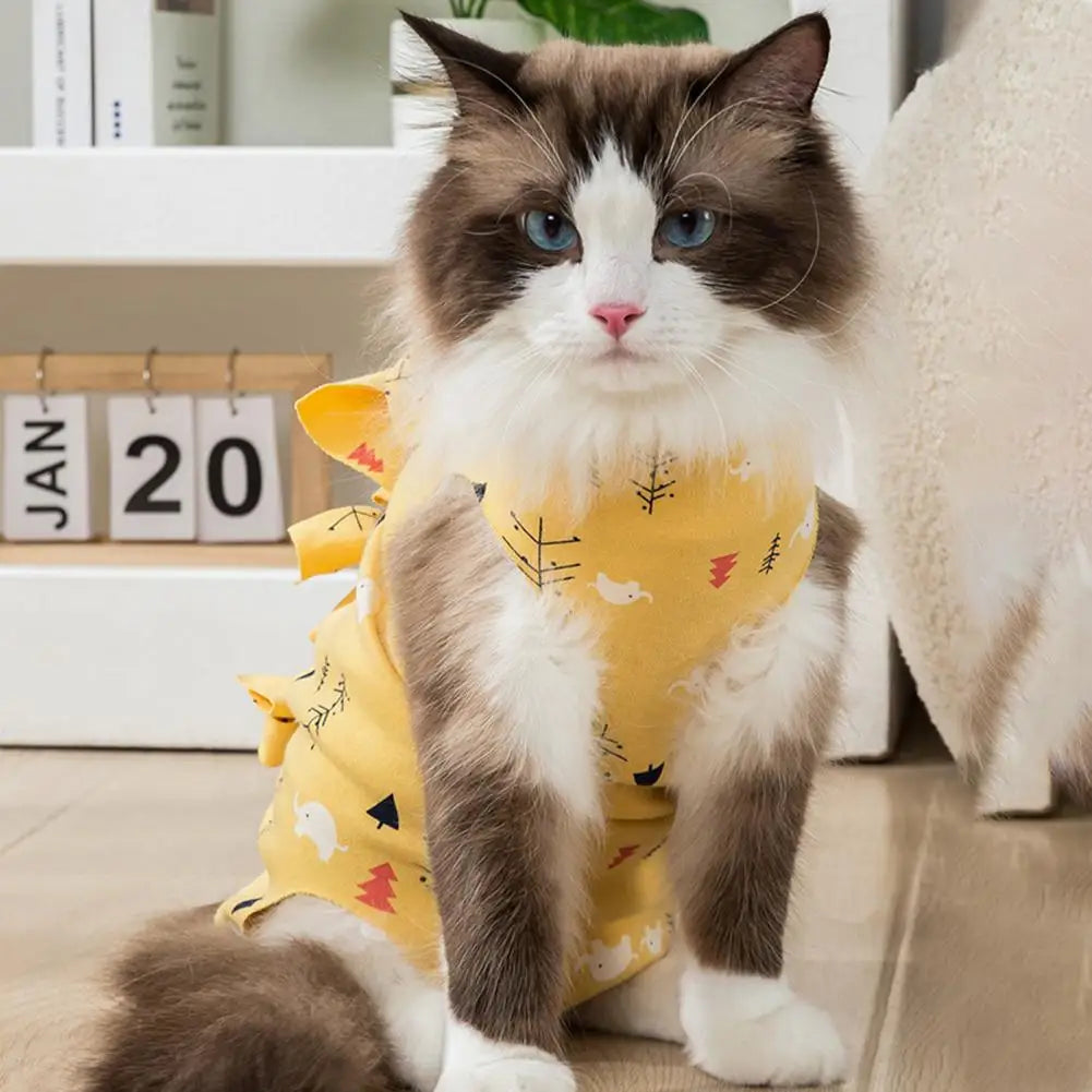 Elastic Cat Collar Breathable Cartoon Print Cat Recovery Suit with Elastic Neck Bandage for Female Cat Spay Surgery for Post-op