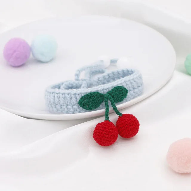 Cherry collar for cats Pet dogs Knitted Necklace with ball Cute adjustable tie Manual Kitty Scarf Christmas pet accessories