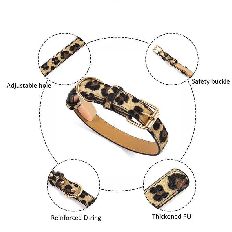 Fashionable Leopard Print Dog Collar PU Soft Adjustable Pet Collar Durable Dog Collars for Small Medium Dogs Outdoor Pet Supplie