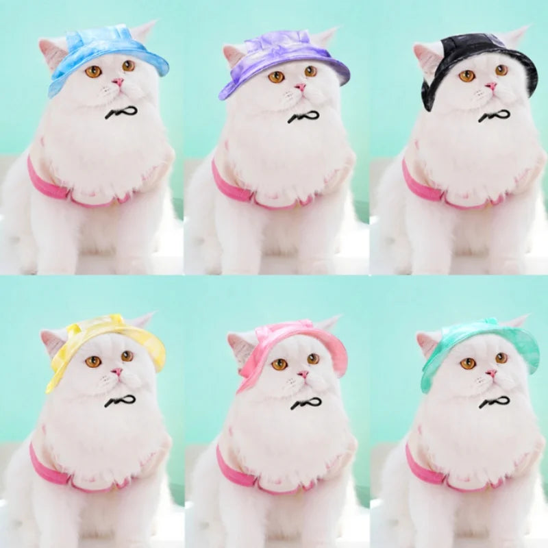 1PC 6Color Funny Cat Costume Sun Hats with Ear Holes Tie-dyed Style Pet Little Dog Cap Kedi Sunhat Mascotas Grooming Accessories