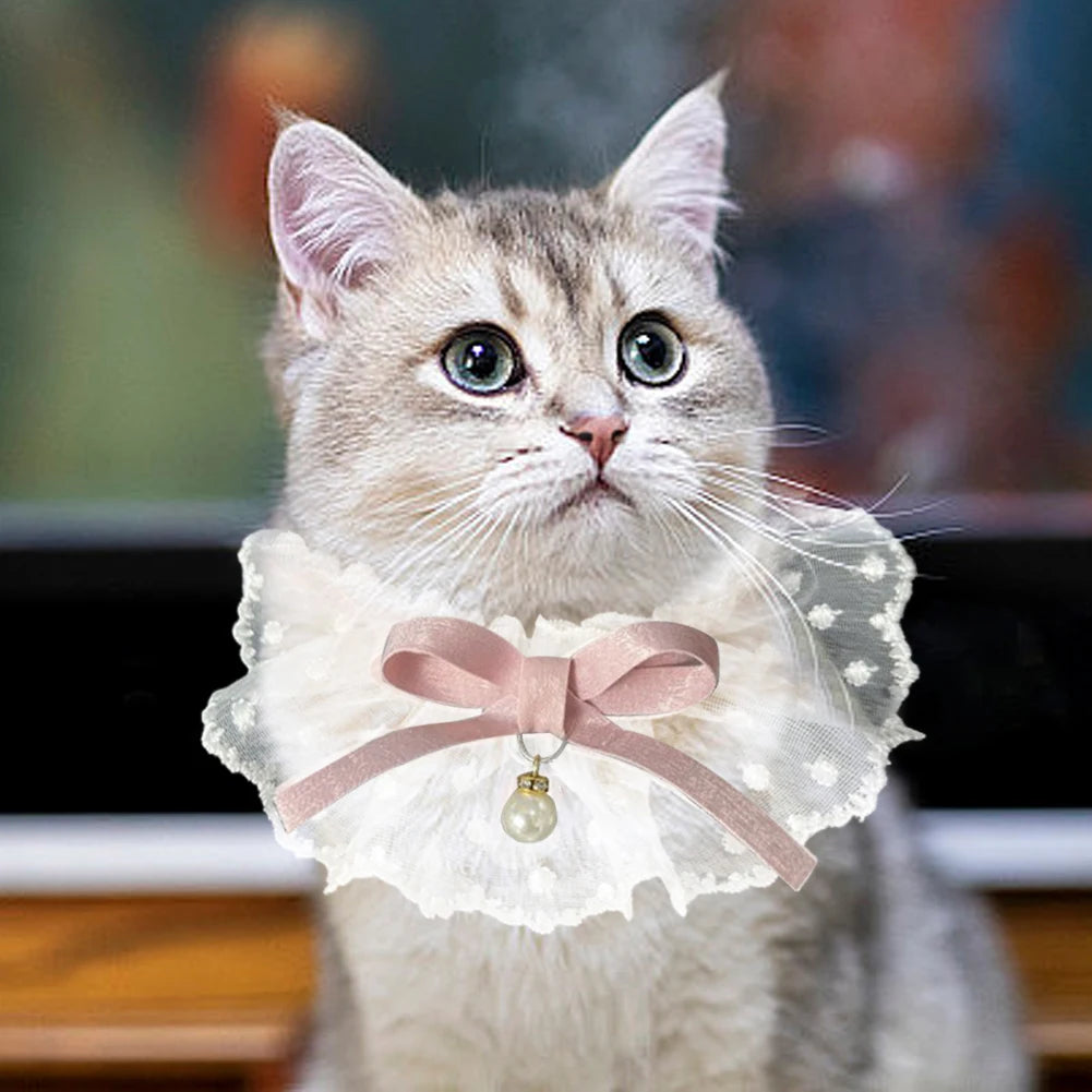 Lace Bowknot Pearl Collar Cat Dog Neckerchief Pet Cats Kitten Dog Puppy String Bib Necklace Necktie Neck Strap Scarf Accessories