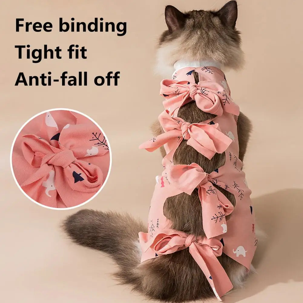 Elastic Cat Collar Breathable Cartoon Print Cat Recovery Suit with Elastic Neck Bandage for Female Cat Spay Surgery for Post-op
