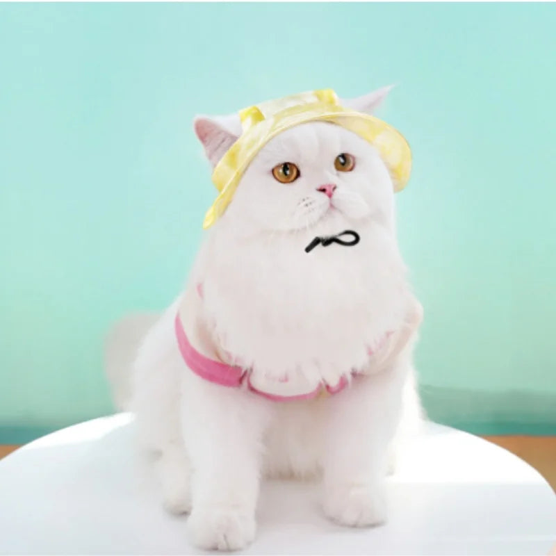1PC 6Color Funny Cat Costume Sun Hats with Ear Holes Tie-dyed Style Pet Little Dog Cap Kedi Sunhat Mascotas Grooming Accessories