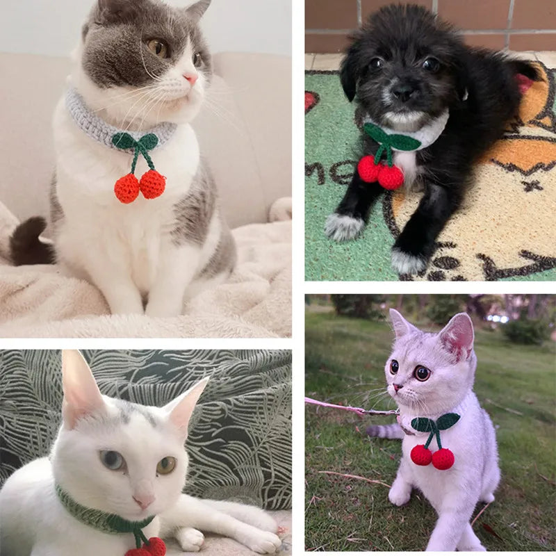 Cherry collar for cats Pet dogs Knitted Necklace with ball Cute adjustable tie Manual Kitty Scarf Christmas pet accessories