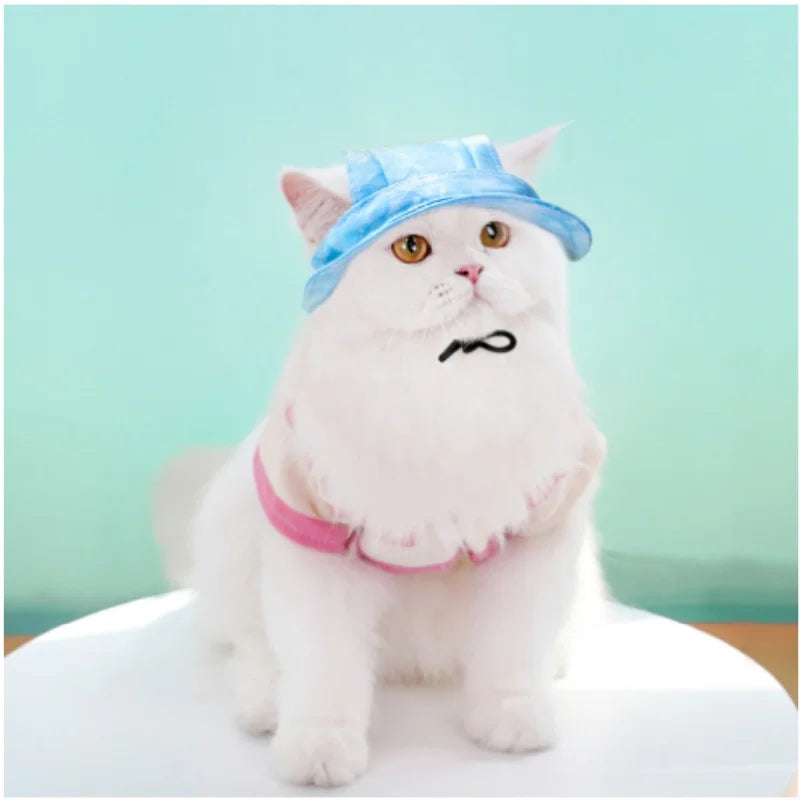 1PC 6Color Funny Cat Costume Sun Hats with Ear Holes Tie-dyed Style Pet Little Dog Cap Kedi Sunhat Mascotas Grooming Accessories