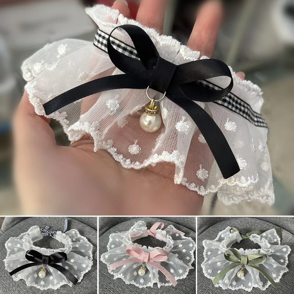 Lace Bowknot Pearl Collar Cat Dog Neckerchief Pet Cats Kitten Dog Puppy String Bib Necklace Necktie Neck Strap Scarf Accessories