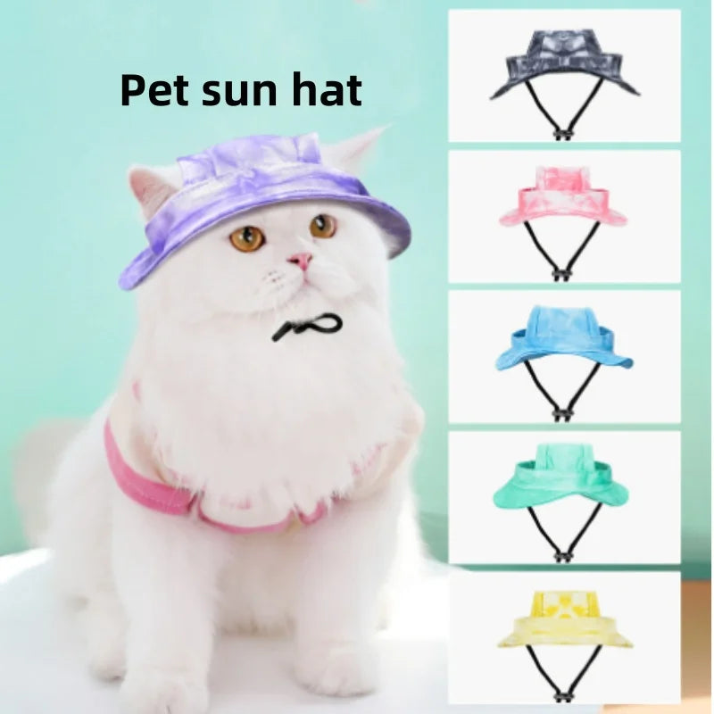 1PC 6Color Funny Cat Costume Sun Hats with Ear Holes Tie-dyed Style Pet Little Dog Cap Kedi Sunhat Mascotas Grooming Accessories