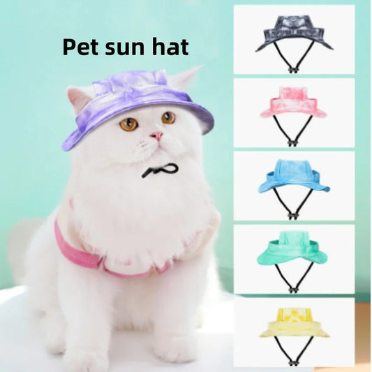 1PC 6Color Funny Cat Costume Sun Hats with Ear Holes Tie-dyed Style Pet Little Dog Cap Kedi Sunhat Mascotas Grooming Accessories