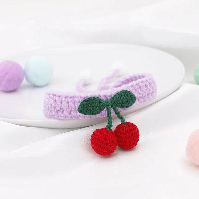 Cherry collar for cats Pet dogs Knitted Necklace with ball Cute adjustable tie Manual Kitty Scarf Christmas pet accessories