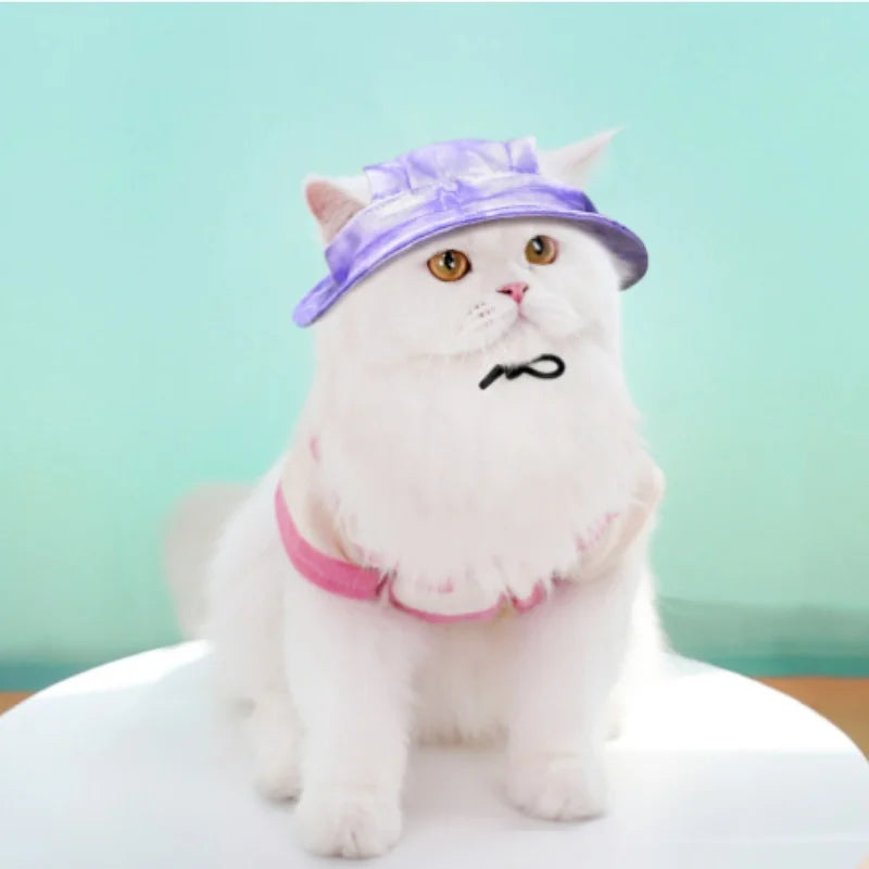 1PC 6Color Funny Cat Costume Sun Hats with Ear Holes Tie-dyed Style Pet Little Dog Cap Kedi Sunhat Mascotas Grooming Accessories
