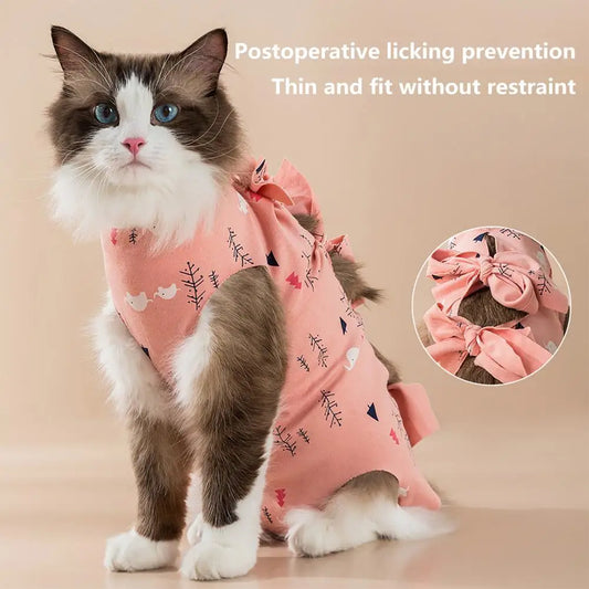 Elastic Cat Collar Breathable Cartoon Print Cat Recovery Suit with Elastic Neck Bandage for Female Cat Spay Surgery for Post-op